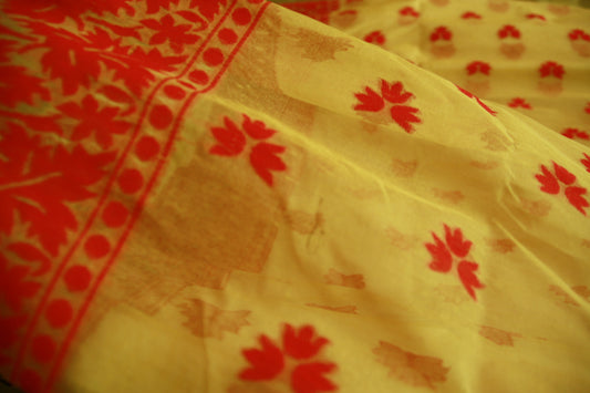 Beige with Dark Pink threadwork Pure Cotton Handwoven Saree | Bengali Jamdani Saree